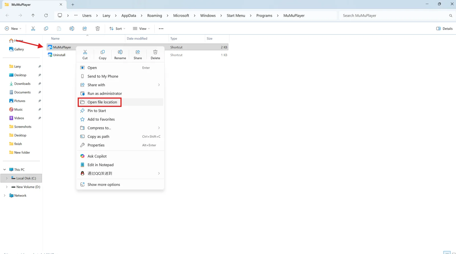 Open file location