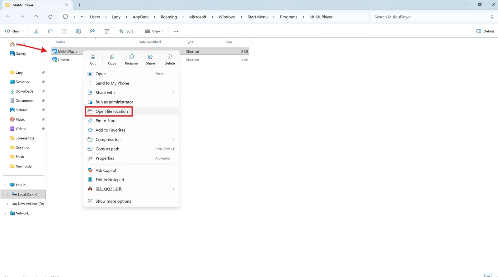 Open file location
